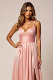 Rose poudré Une ligne spaghetti bretelles Robe de bal en satin