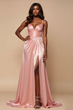 Robe de bal en satin plissé à col en V rose poudré