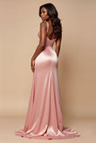 Robe de bal en satin plissé à col en V rose poudré