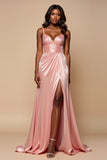 Robe de bal en satin plissé à col en V rose poudré