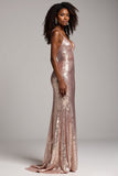 Dusty Rose fourreau spaghetti bretelles paillettes robe de bal