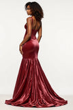 Robe de bal corset sirène bordeaux à col en V en velours