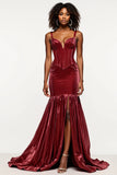 Robe de bal corset sirène bordeaux à col en V en velours