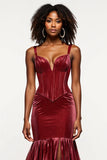 Robe de bal corset sirène bordeaux à col en V en velours