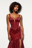 Robe de bal corset sirène bordeaux à col en V en velours