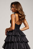 Noir A Line Spaghetti Straps Robe de Bal Plissé En Satin