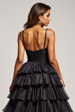 Noir A Line Spaghetti Straps Robe de Bal Plissé En Satin