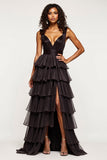 Noir A Ligne Col en V Volants Satin Organza Robe de Bal