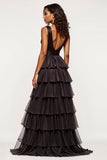 Noir A Ligne Col en V Volants Satin Organza Robe de Bal