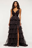 Noir A Ligne Col en V Volants Satin Organza Robe de Bal