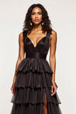 Noir A Ligne Col en V Volants Satin Organza Robe de Bal