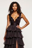 Noir A Ligne Col en V Volants Satin Organza Robe de Bal
