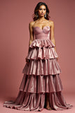 Glitter Dusty Rose Une Ligne Spaghetti Bretelles Robe de Bal À Volants