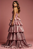Glitter Dusty Rose Une Ligne Spaghetti Bretelles Robe de Bal À Volants