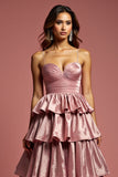 Glitter Dusty Rose Une Ligne Spaghetti Bretelles Robe de Bal À Volants
