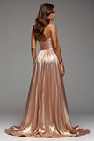 Or rose Robe de bal bustier sans bretelles plissée en satin métallisé plissé