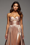 Or rose Robe de bal bustier sans bretelles plissée en satin métallisé plissé