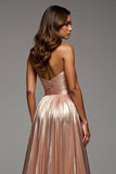 Or rose Robe de bal bustier sans bretelles plissée en satin métallisé plissé