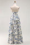 Robe de soirée longue bleue à imprimé floral coupe A-line volants avec fente