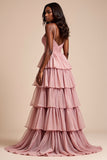 Dusty Rose Une ligne spaghetti bretelles volants Robe de bal à plusieurs niveaux