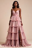 Dusty Rose Une ligne spaghetti bretelles volants Robe de bal à plusieurs niveaux