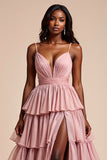 Dusty Rose Une ligne spaghetti bretelles volants Robe de bal à plusieurs niveaux