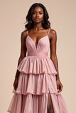 Dusty Rose Une ligne spaghetti bretelles volants Robe de bal à plusieurs niveaux