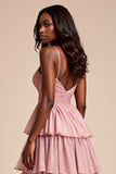 Dusty Rose Une ligne spaghetti bretelles volants Robe de bal à plusieurs niveaux