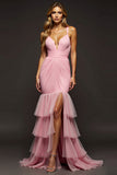 Robe de bal en mousseline de soie à plusieurs niveaux sirène sirène rose
