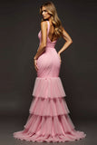 Robe de bal en mousseline de soie à plusieurs niveaux sirène sirène rose