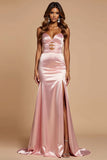 Fard à joues rose sirène spaghetti bretelles satin longue robe de bal avec fente