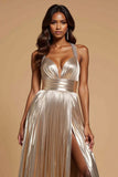 Métallique Doré A-ligne Licou Plissage Robe de Bal Longue avec Fente