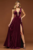 Violet foncé A-ligne profond col en V Robe de bal longue avec fente
