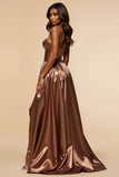 Marron A-ligne sans bretelles Corset long de bal avec fente