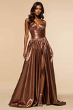 Marron A-ligne sans bretelles Corset long de bal avec fente