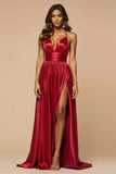 Robe de bal longue plissée en satin plissé à bretelles spaghetti trapèze avec fente
