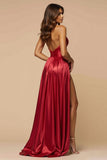 Robe de bal longue plissée en satin plissé à bretelles spaghetti trapèze avec fente