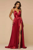 Robe de bal longue plissée en satin plissé à bretelles spaghetti trapèze avec fente