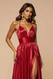 Robe de bal longue plissée en satin plissé à bretelles spaghetti trapèze avec fente