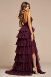 Violet A-ligne spaghetti bretelles volants Tulle longue robe de bal avec fente