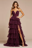 Violet A-ligne spaghetti bretelles volants Tulle longue robe de bal avec fente