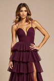 Violet A-ligne spaghetti bretelles volants Tulle longue robe de bal avec fente