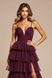 Violet A-ligne spaghetti bretelles volants Tulle longue robe de bal avec fente