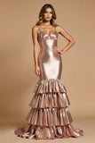 Métallisé Rose Gold Sirène Spaghetti Bretelles Volants Robe longue de bal