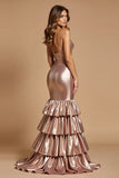 Métallisé Rose Gold Sirène Spaghetti Bretelles Volants Robe longue de bal
