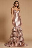 Métallisé Rose Gold Sirène Spaghetti Bretelles Volants Robe longue de bal