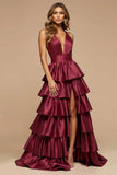 Bourgogne A-ligne à volants en V profond Robe de bal longue en satin avec fente