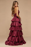 Bourgogne A-ligne à volants en V profond Robe de bal longue en satin avec fente