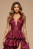 Bourgogne A-ligne à volants en V profond Robe de bal longue en satin avec fente