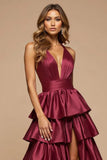 Bourgogne A-ligne à volants en V profond Robe de bal longue en satin avec fente